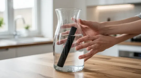 Carafe en verre avec bâton de charbon binchotan immergé dans eau filtrée naturellement