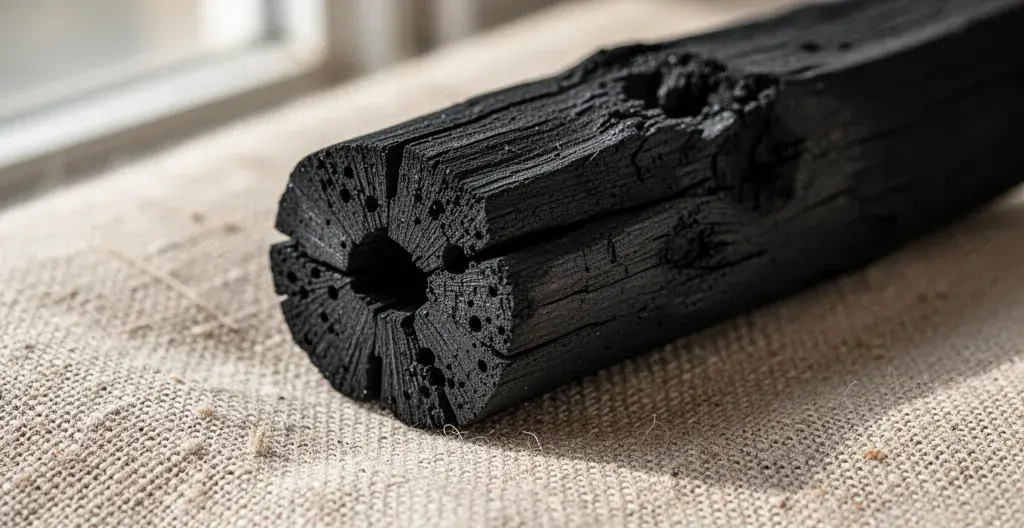 Détail texture poreuse charbon binchotan naturel surface active