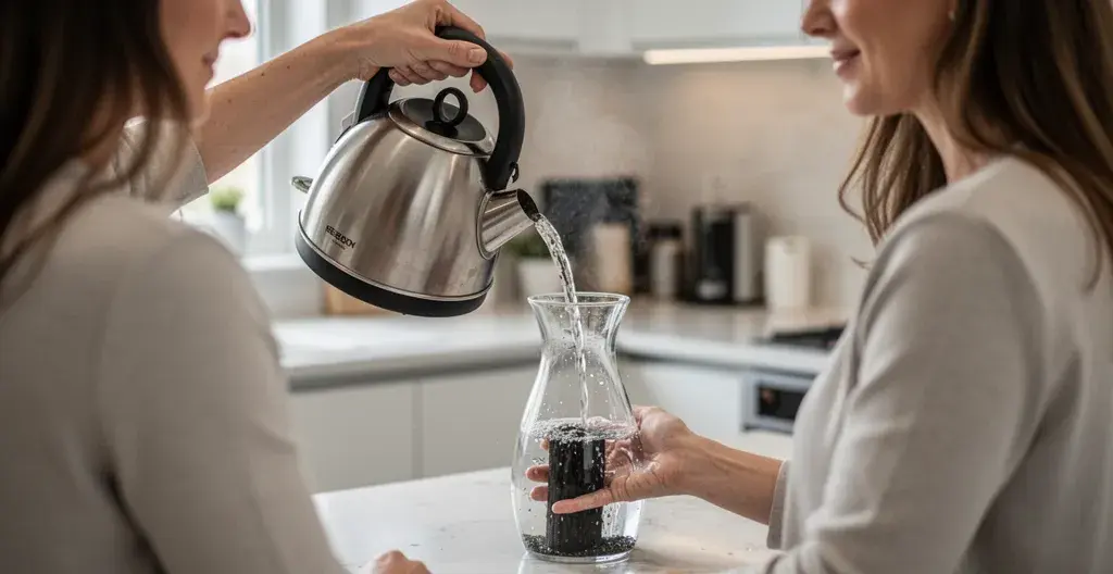 Personne versant eau dans carafe avec charbon binchotan filtration naturelle