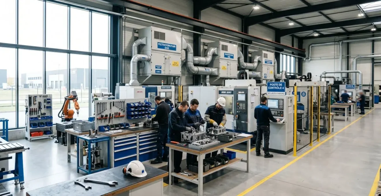 Atelier industriel contemporain avec système de filtration d'air visible en arrière-plan et larges fenêtres diffusant une lumière naturelle abondante