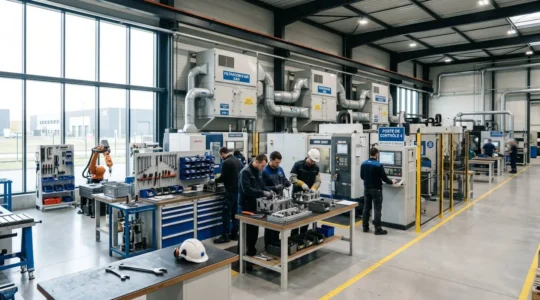 Atelier industriel contemporain avec système de filtration d'air visible en arrière-plan et larges fenêtres diffusant une lumière naturelle abondante
