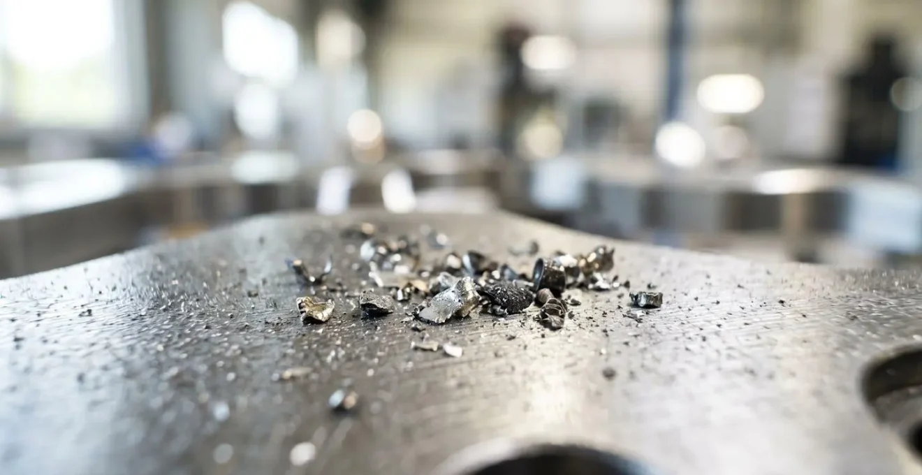 Gros plan extrême sur des particules de poussières métalliques déposées sur une surface en acier avec un arrière-plan flouté