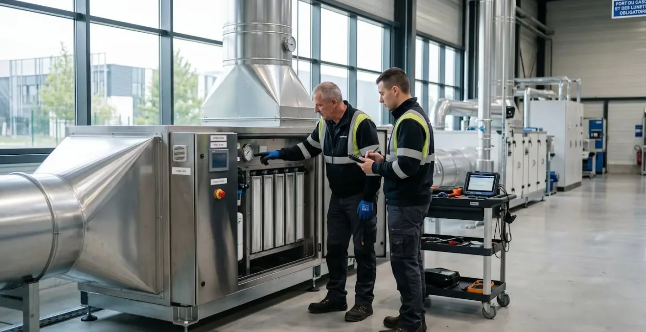 Deux techniciens vus de dos inspectant un système de filtration d'air dans un atelier industriel moderne éclairé par une lumière naturelle