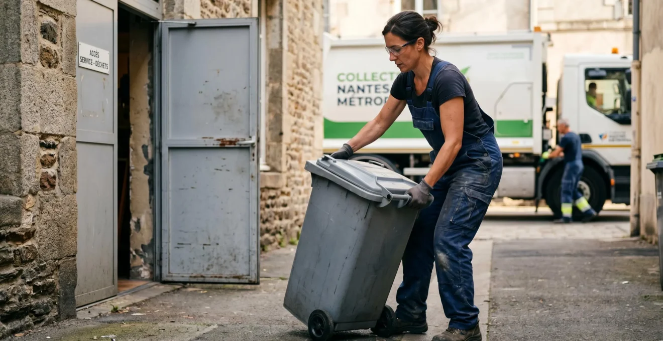 Collectrice professionnelle soulevant une cuve grise de 60 litres d'huile usagée devant la porte de service d'un restaurant, camion de collecte visible en arrière-plan
