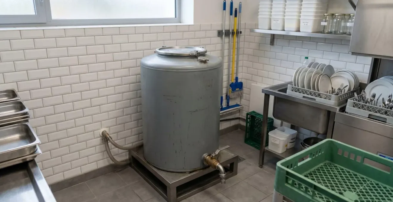 Cuve de stockage de 200 litres pour huile alimentaire usagée installée dans l'espace de plonge d'un restaurant professionnel moderne, entourée d'équipements inox et carrelage blanc