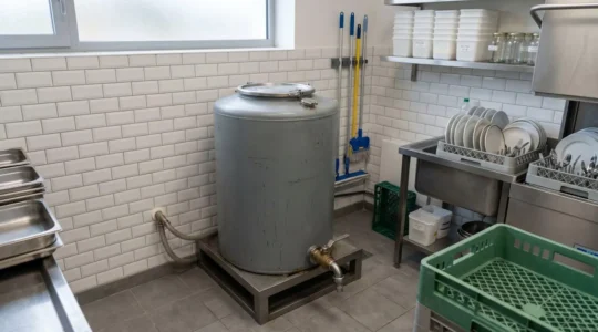 Cuve de stockage de 200 litres pour huile alimentaire usagée installée dans l'espace de plonge d'un restaurant professionnel moderne, entourée d'équipements inox et carrelage blanc