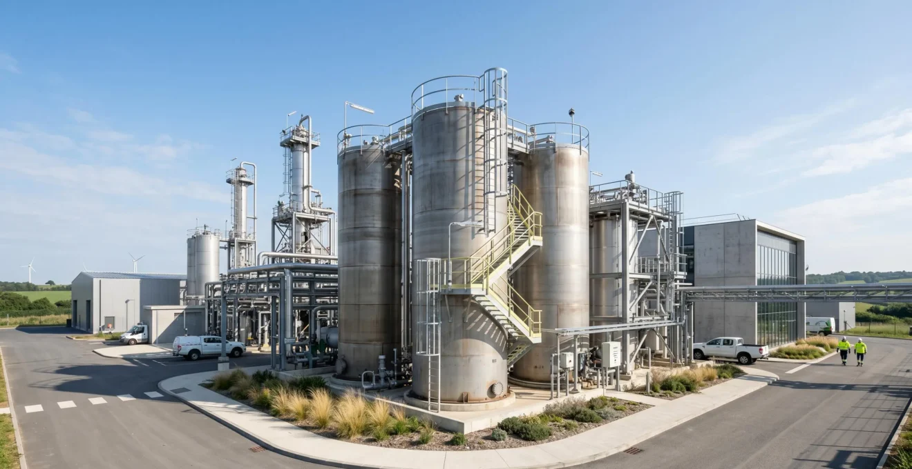 Installations industrielles de raffinage de biocarburant avec cuves métalliques verticales et tuyauteries, centre de traitement moderne sous ciel dégagé