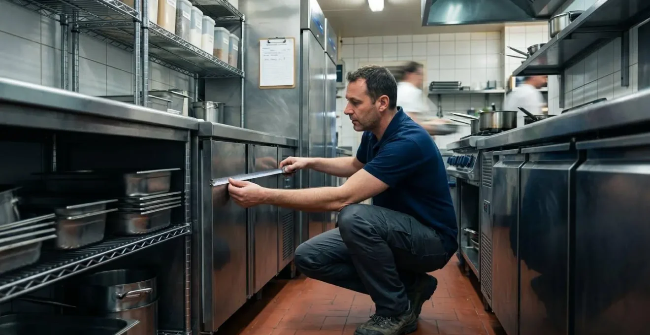 Technicien collecteur accroupi dans une cuisine professionnelle, mesurant un espace de stockage avec son matériel d'évaluation, équipements inox en arrière-plan