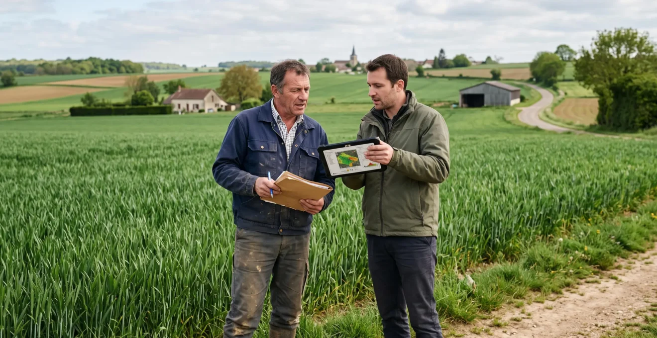 Agriculteur et conseiller observant une parcelle de grandes cultures dans le cadre d'un projet bas-carbone