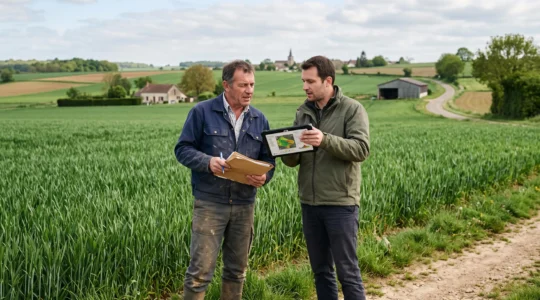 Agriculteur et conseiller observant une parcelle de grandes cultures dans le cadre d'un projet bas-carbone